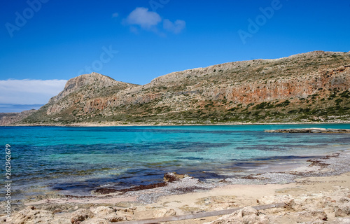 Balos beach on a lagoon between Tigani Rock and coast of Crete Island, Greece