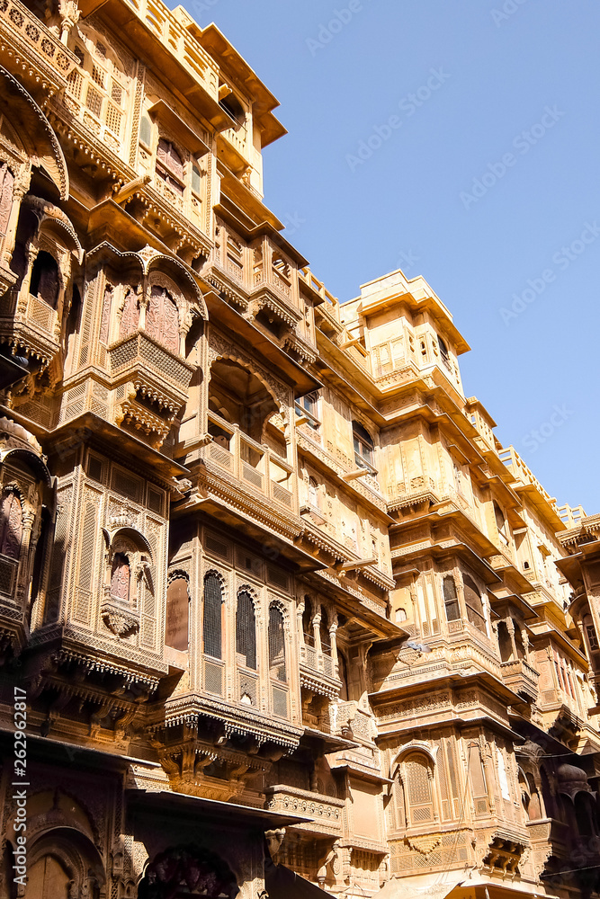 Jaisalmer, India. Beautiful architecture of Patwon Ki Haveli in Jaisalmer.