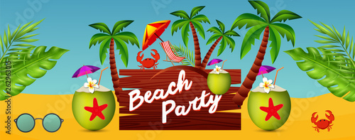 Summer time party poster design template. Flyer Design with typographic elements on wood texture background. Summer nature floral elements and sunglasses. 