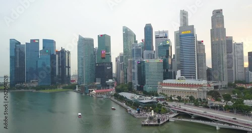 Aerial view of center of Singapore with financial district attractions during sunset