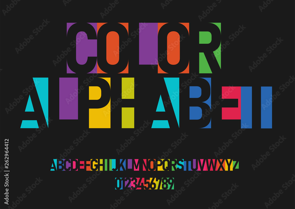 A set of colorful letters and numbers. Color vector latin alphabet. Font in the negative. Vector illustration.