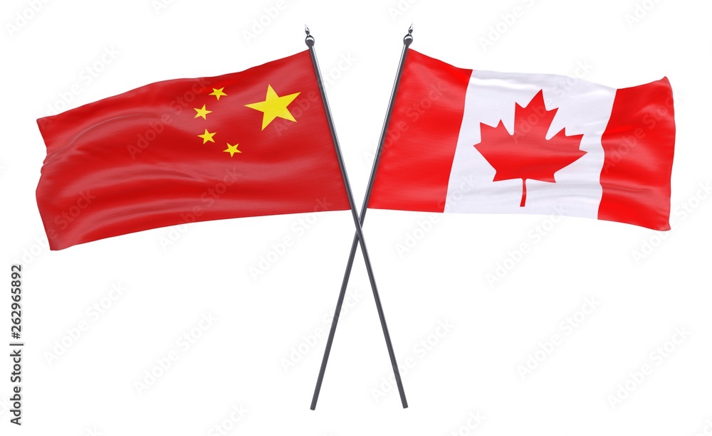 China and Canada, two crossed flags isolated on white background. 3d image China and Canada, two crossed flags isolated on white background. 3d image