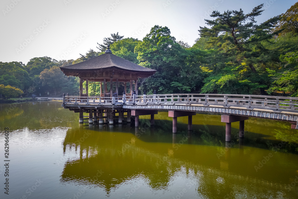 Ukimido Pavillion on water in Nara park, Japan