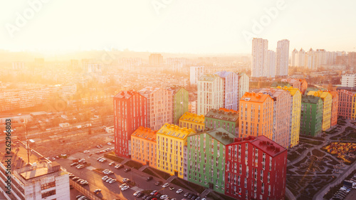 Photography panoramic aerial view of colorful (red, green, blue, yellow) buildings on city street