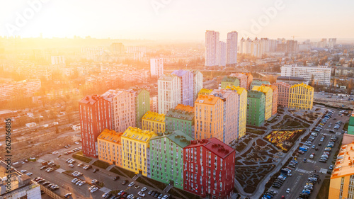 Photography panoramic aerial view of colorful (red, green, blue, yellow) buildings on city street