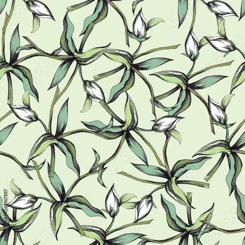 Background of contour spring flowers drawn in ink on a green background. Vintage texture for fabric, tile, wallpaper.