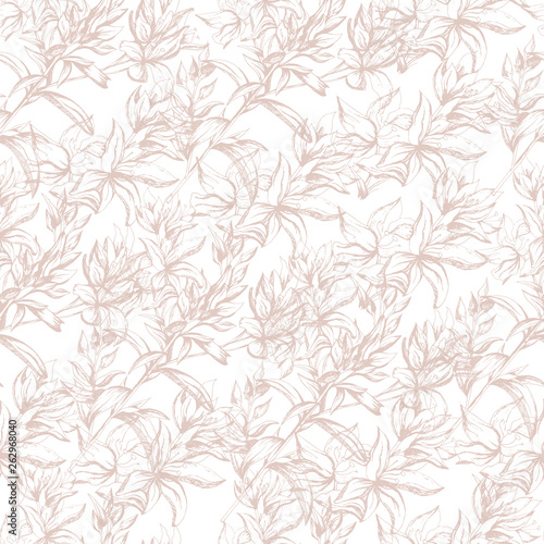 Light background from contour flowers. Beige outline drawing on a light background. Texture for decoration of fabric, tile and paper and wallpaper on the wall.
