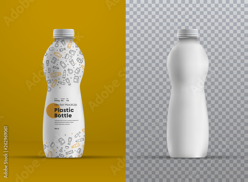 Vector realistic mockup plastic curved bottle for juice, yogurt, kefir or milk.