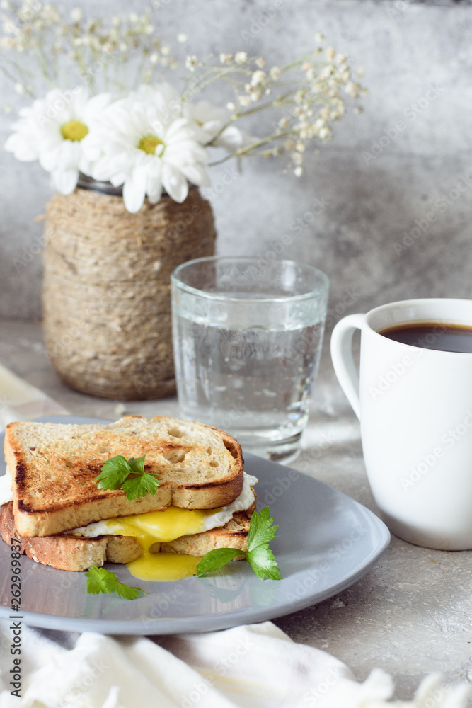 Toast with egg and coffee for breakfast Toast with egg and coffee for breakfast