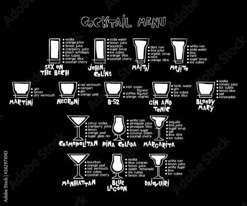 Cocktail menu. Drinks. Recipes. Isolated vector objects.