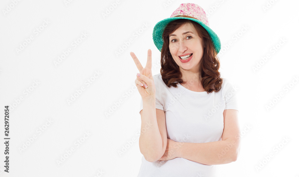 Happy surprised and excited woman in summer hat and template white t shirt isolated on white background. Holiday vacation with big sale. Fun summertime. Copy space, blank place on tshirt. Banner Happy surprised and excited woman in summer hat and template white t shirt isolated on white background. Holiday vacation with big sale. Fun summertime. Copy space, blank place on tshirt. Banner