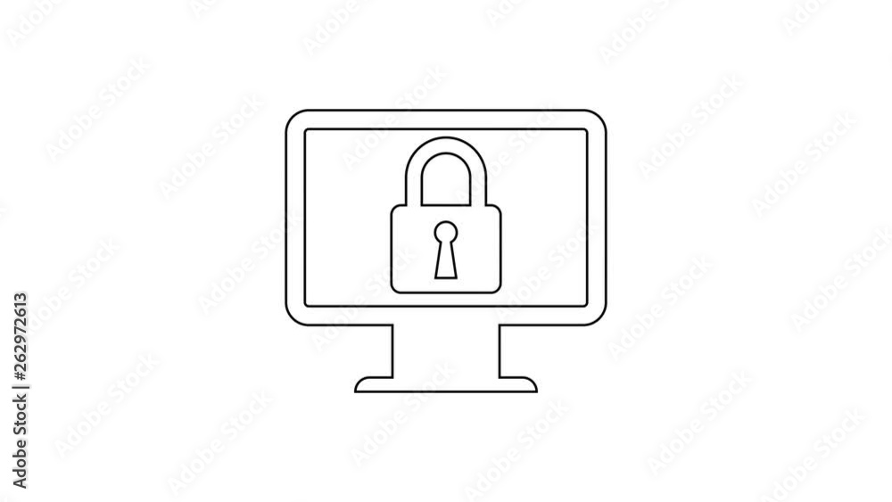 Grey Lock on computer monitor screen line icon on white background. Monitor and padlock. Security, safety, protection concept. Safe internetwork. 4K Video motion graphic animation Grey Lock on computer monitor screen line icon on white background. Monitor and padlock. Security, safety, protection concept. Safe internetwork. 4K Video motion graphic animation