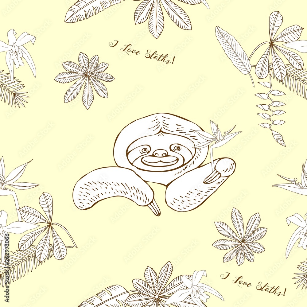 Seamless Pattern with Sloths in Jungle. Animal and Plants sketches. Hand Drawn Background Seamless Pattern with Sloths in Jungle. Animal and Plants sketches. Hand Drawn Background