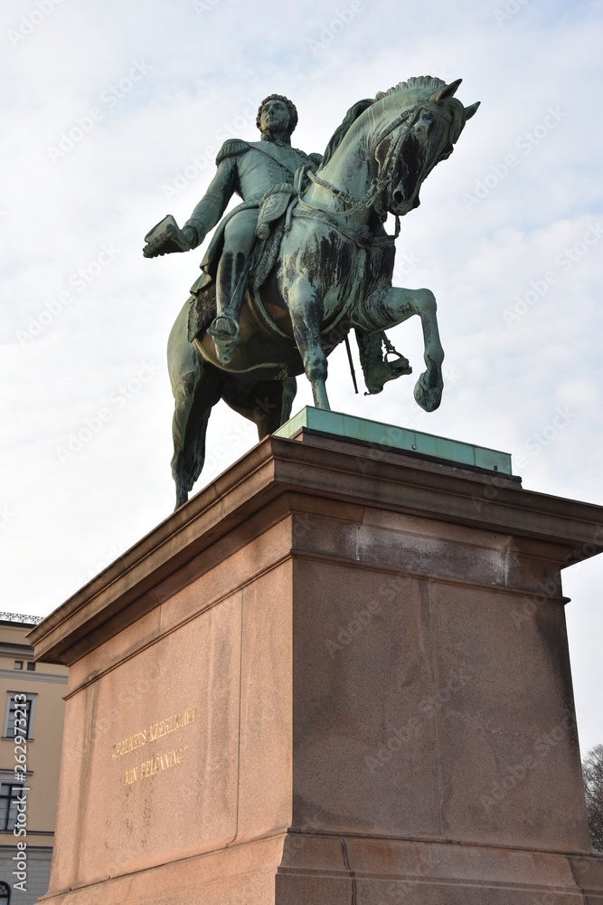 Equestrian statue of King Carl XIV Johan in Oslo, Norway. The statue was erected in 1875.