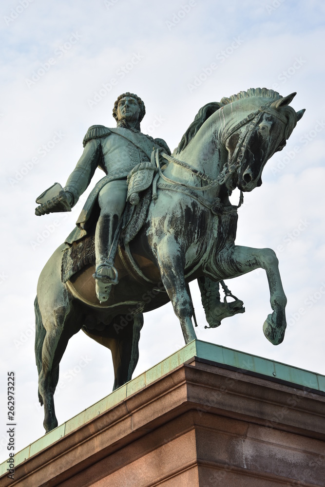 Equestrian statue of King Carl XIV Johan in Oslo, Norway. The statue was erected in 1875.