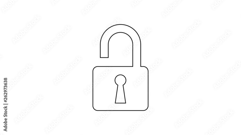 Grey Open padlock line icon on white background. Opened lock sign. Cyber security concept. Digital data protection. Safety safety. 4K Video motion graphic animation Grey Open padlock line icon on white background. Opened lock sign. Cyber security concept. Digital data protection. Safety safety. 4K Video motion graphic animation