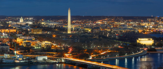 Panorama Top view scene of Washington DC down town which can see United states Capitol, washington monument, lincoln memorial and thomas jefferson memorial, history and culture for travel concept