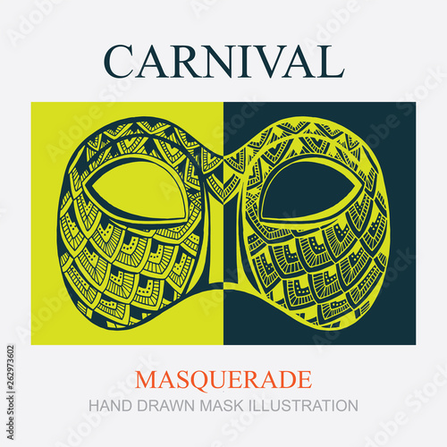 Mask. Carnival mask. Vintage style hand drawn carnival mask. Part of set.