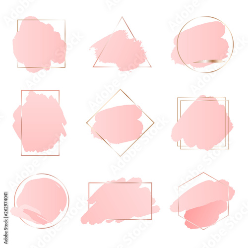 Abstract pink brush backgrounds with geometric frames rose gold color