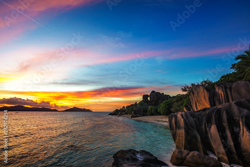 romantic sunset in paradise  anse source d argent  la digue  seychelles 10