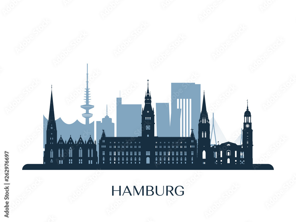 Hamburg skyline, monochrome silhouette. Vector illustration.