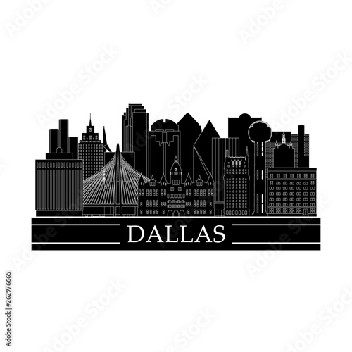 Dallas cityscape line art design. Black and white city landmarks. Vector illustration.