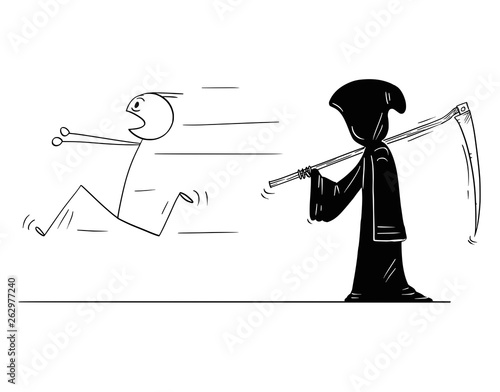 Cartoon stick figure drawing conceptual illustration of man running away from grim reaper or death with scythe and in black hood.