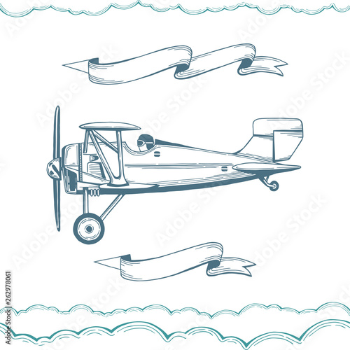 Airplane. Hand drawn biplane illustration with advertising banners. Aeroplane sketch drawing. Part of set.