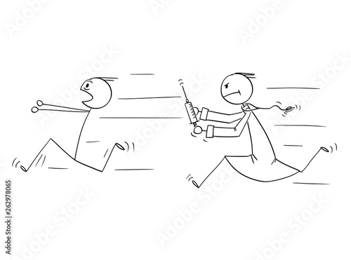 Cartoon stick figure drawing conceptual illustration of man running in panic chased by doctor with injection syringe. Concept of healthcare and vaccination.