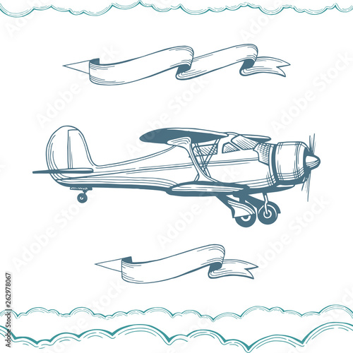 Airplane. Hand drawn biplane illustration with advertising banners. Aeroplane sketch drawing. Part of set.