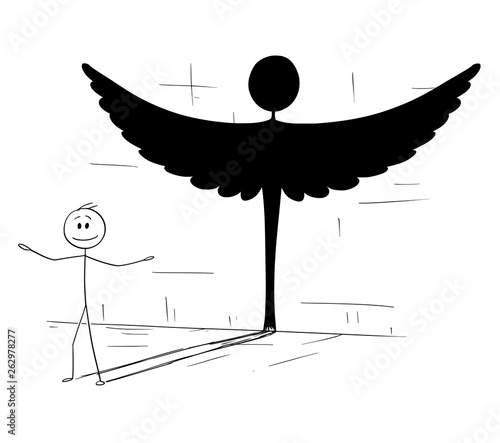 Cartoon stick figure drawing conceptual illustration of good man or person casting shadow in shape of angel. Metaphor or true personality hidden inside.