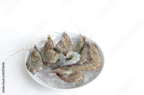 fresh shrimp and ice isolated on white background