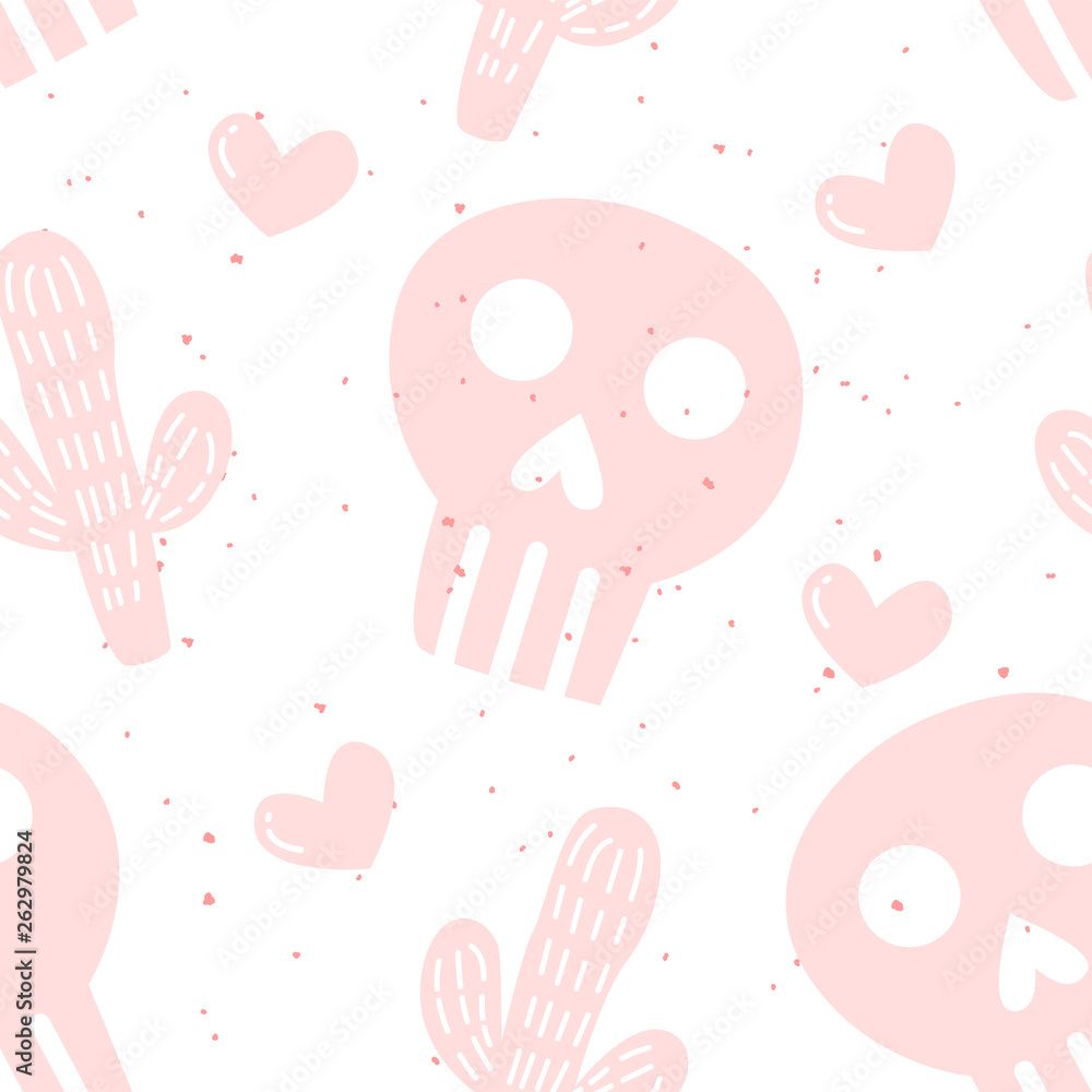 Seamless pattern with cactuses, hearts and skulls on white background. Ornament for textile and wrapping. Vector mexican banner. Seamless pattern with cactuses, hearts and skulls on white background. Ornament for textile and wrapping. Vector mexican banner.