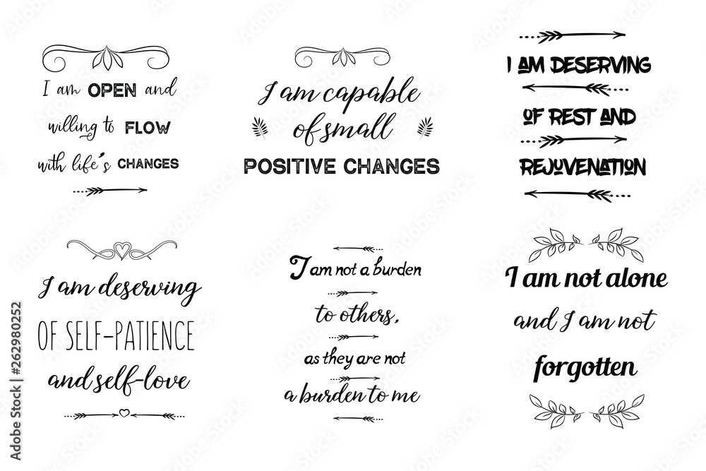 Set of Calligraphy saying for print. Motivation Inspiring Positive Vector Quotes for every day. Ready to post in social media, brochure, magazine Set of Calligraphy saying for print. Motivation Inspiring Positive Vector Quotes for every day. Ready to post in social media, brochure, magazine