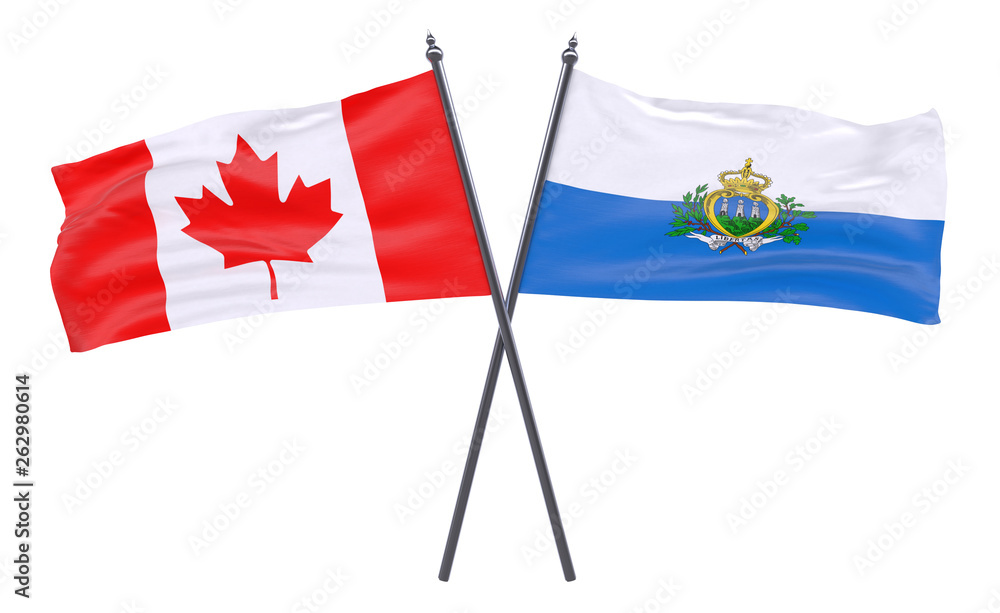 Canada and San Marino, two crossed flags isolated on white background. 3d image Canada and San Marino, two crossed flags isolated on white background. 3d image