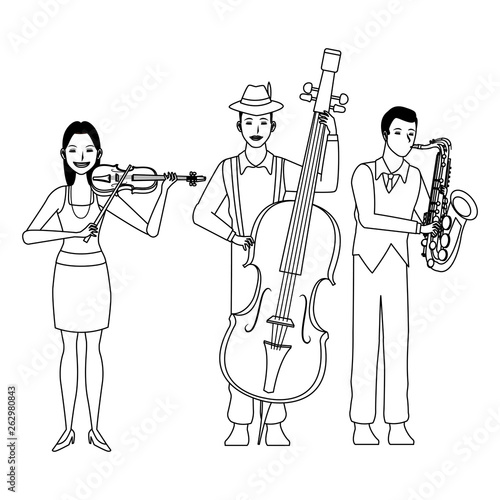 musician playing saxophone bass and violin black and white