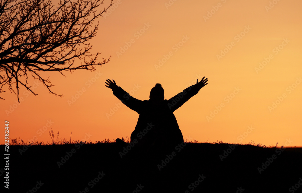 Silhouette of a boy child against the backdrop of a beautiful sunset.