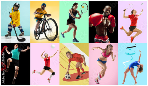 Fototapeta Naklejka Na Ścianę i Meble -  Sport collage about athletes or players. The tennis, running, badminton, rhythmic gymnastics, volleyball.