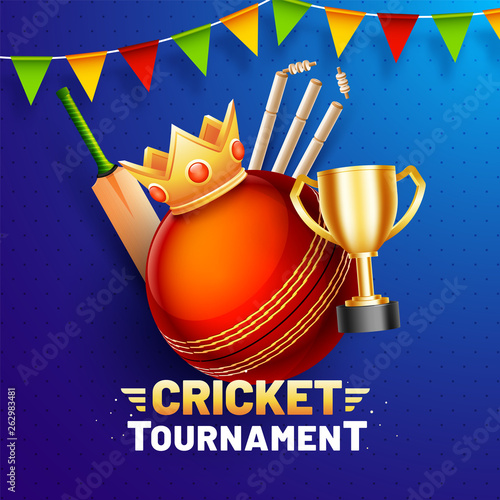 Cricket Tournament poster or template design with illustration of cricket elements and winner crown on blue background.