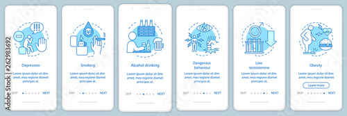 Men's health risks factors onboarding mobile app page screen vector template