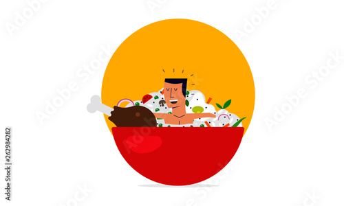 Man taking bath in biryani bowl. Man sitting inside a biryani bowl. Biryani Ad Template.