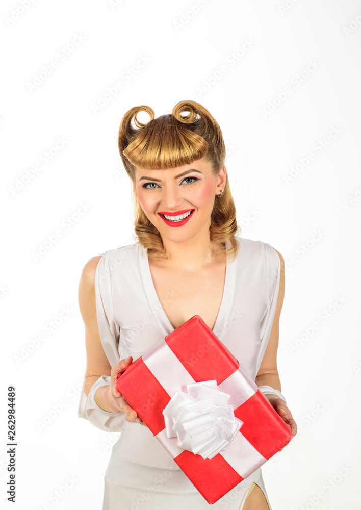 Gorgeous pin up girl with gift box. Birthday concept. Fashion in retro style. Woman with present. Happy girl with gift. Smiling retro woman hold gift box. Beautiful elegant blonde woman in white dress Gorgeous pin up girl with gift box. Birthday concept. Fashion in retro style. Woman with present. Happy girl with gift. Smiling retro woman hold gift box. Beautiful elegant blonde woman in white dress