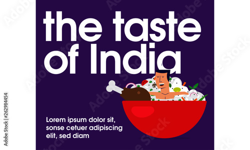 Man taking bath in biryani bowl. Man sitting inside a biryani bowl. Biryani Ad Template.