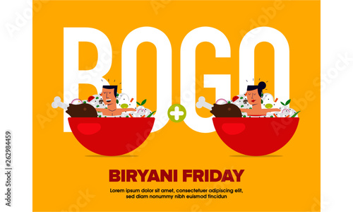 Man and Woman taking bath in biryani bowl. Man sitting inside a biryani bowl. Biryani Buy 1 get 1. BOGO concept.