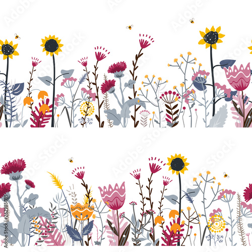 Vector nature seamless background with hand drawn wild herbs, flowers and leaves on white. Doodle style floral illustration