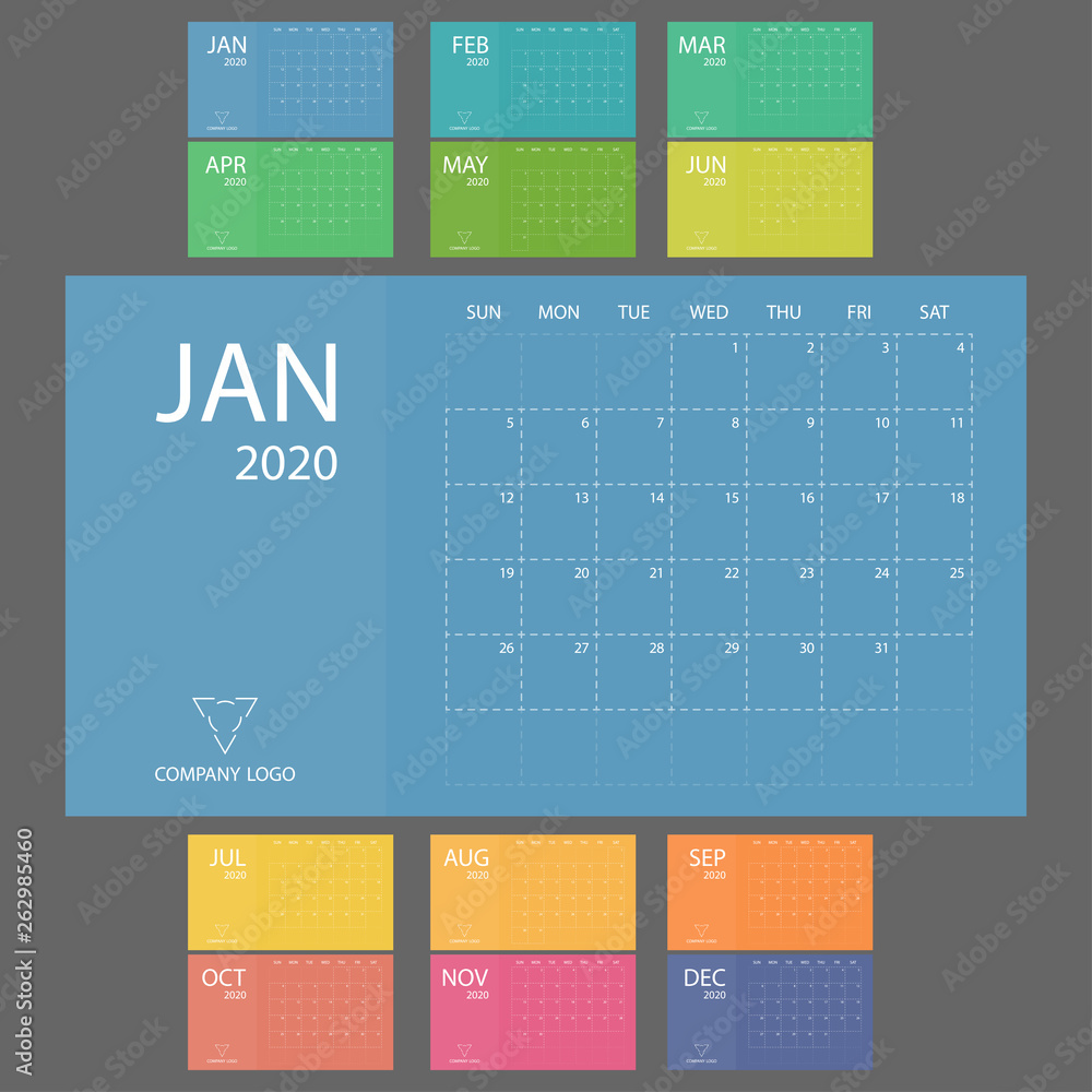 Calendar 2020 with week starts on Sunday. Minimal planner vector
