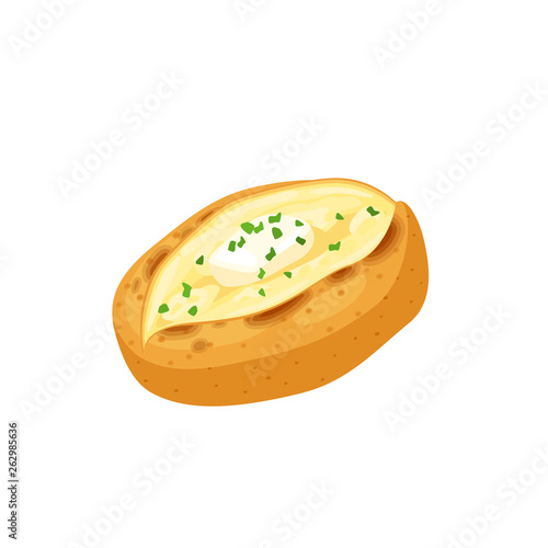 Baked potato with melted butter and herbs. Vector illustration cartoon flat icon isolated on white.