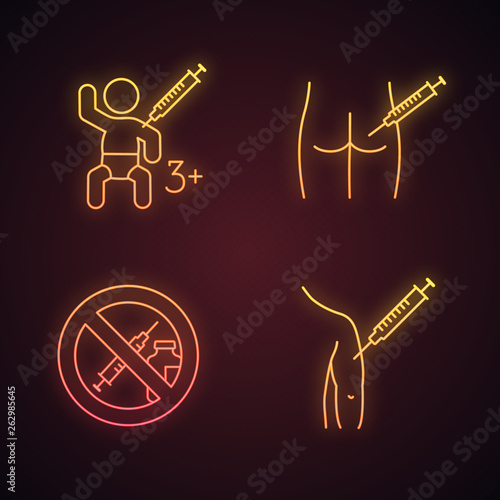 Vaccination and immunization neon light icons set