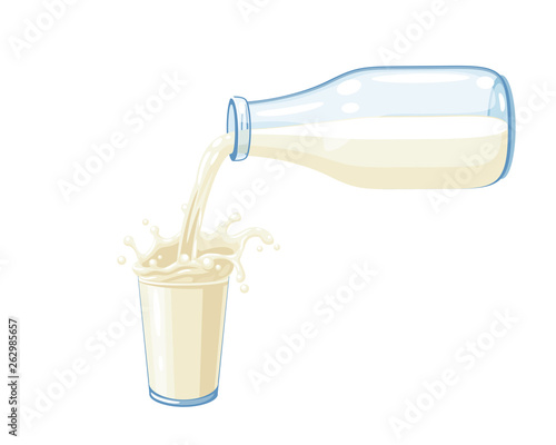 Milk flows out of the bottle and splashes into a full glass of milk. Vector illustration cartoon flat icon isolated on white.