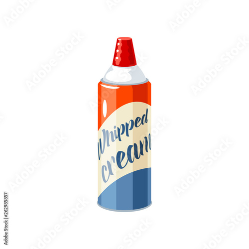 Whipped cream aerosol can. Vector illustration cartoon flat icon isolated on white.